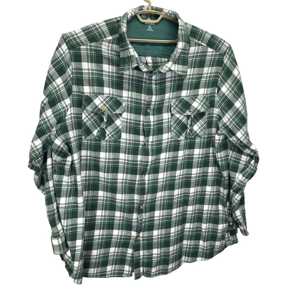 King Size Shirt Men's 5XL Tall Green Plaid Light Flannel Button Hiking Camping